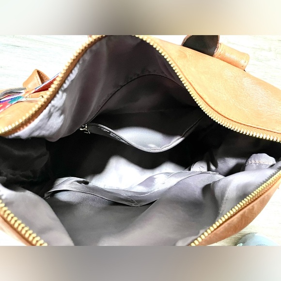 Boho Convertible Backpack Purse — Vegan Leather Camel Tan Bag with Aztec Strap - Picture 6 of 15